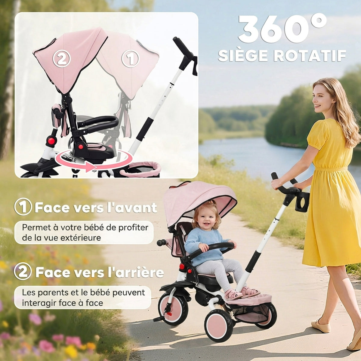Tricycle bébé évolutif 6 en 1, tricycle enfant pliable avec poignée parentale réglable, siège pivotant 360°, rose