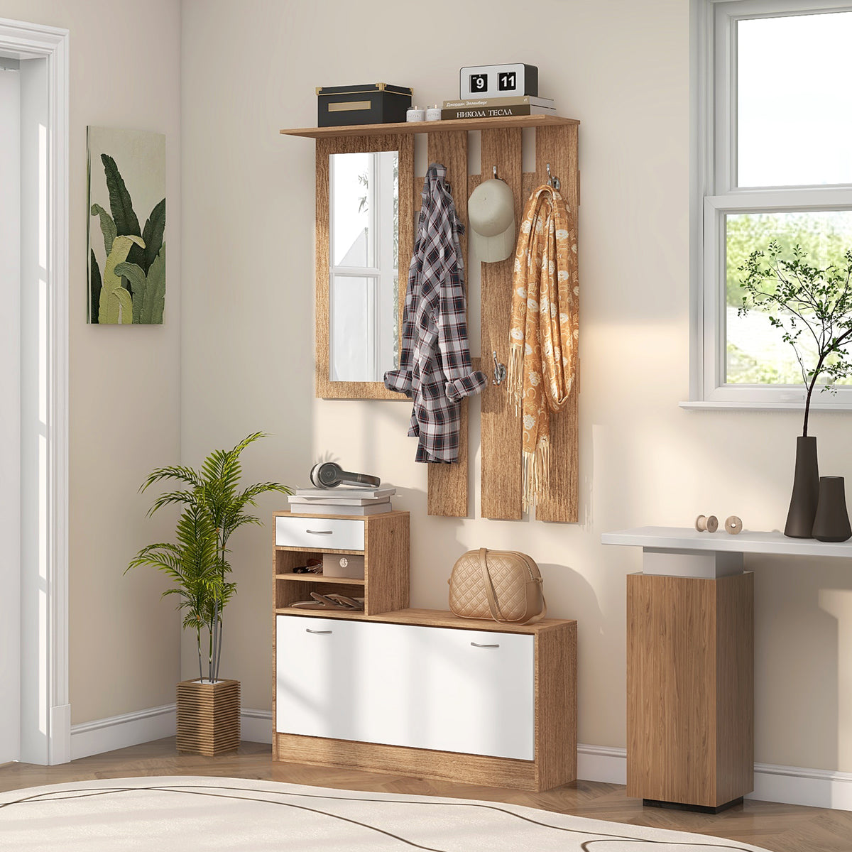 Mueble de recibidor tipo vestidor con panel perchero, espejo y zapatero - 6 ganchos y estante ajustable