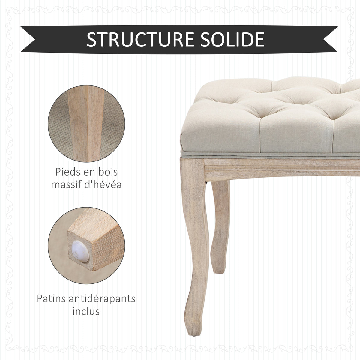 Banc Banquette capitonnée Style Classique 110 cm Bout de lit Rembourrée en lin piètement Bois hévéa sculpté Beige