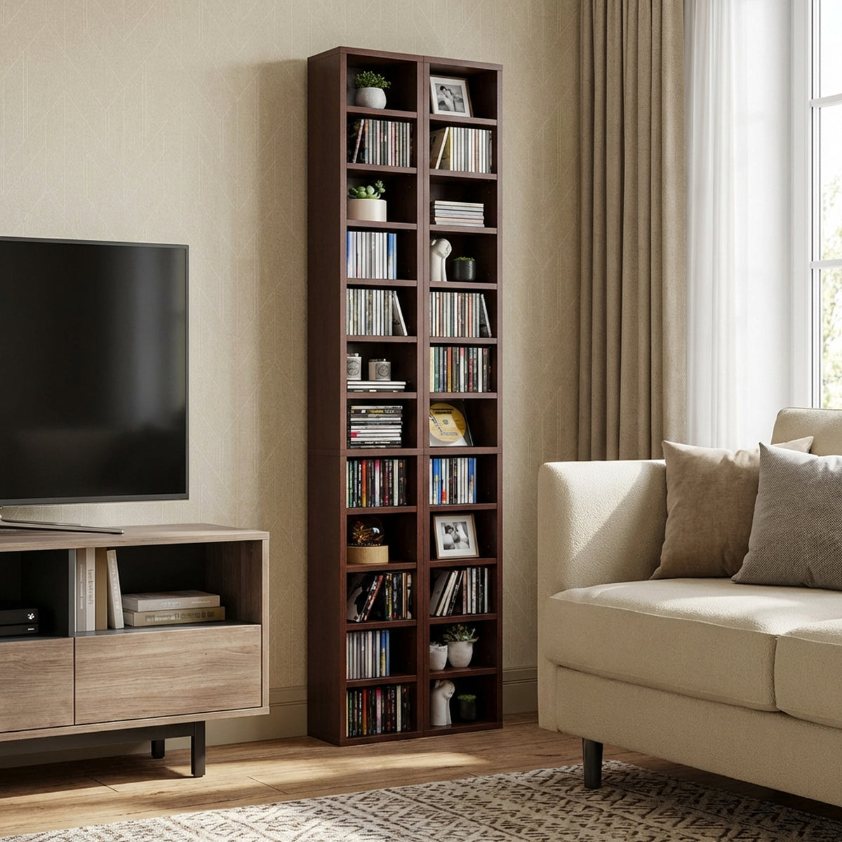 Opbergmeubel voor cd's en dvd's, kolomkast, opbergkast met 12 vakken, max. capaciteit 204 cd's, 21 x 20 x 175 cm, bruin