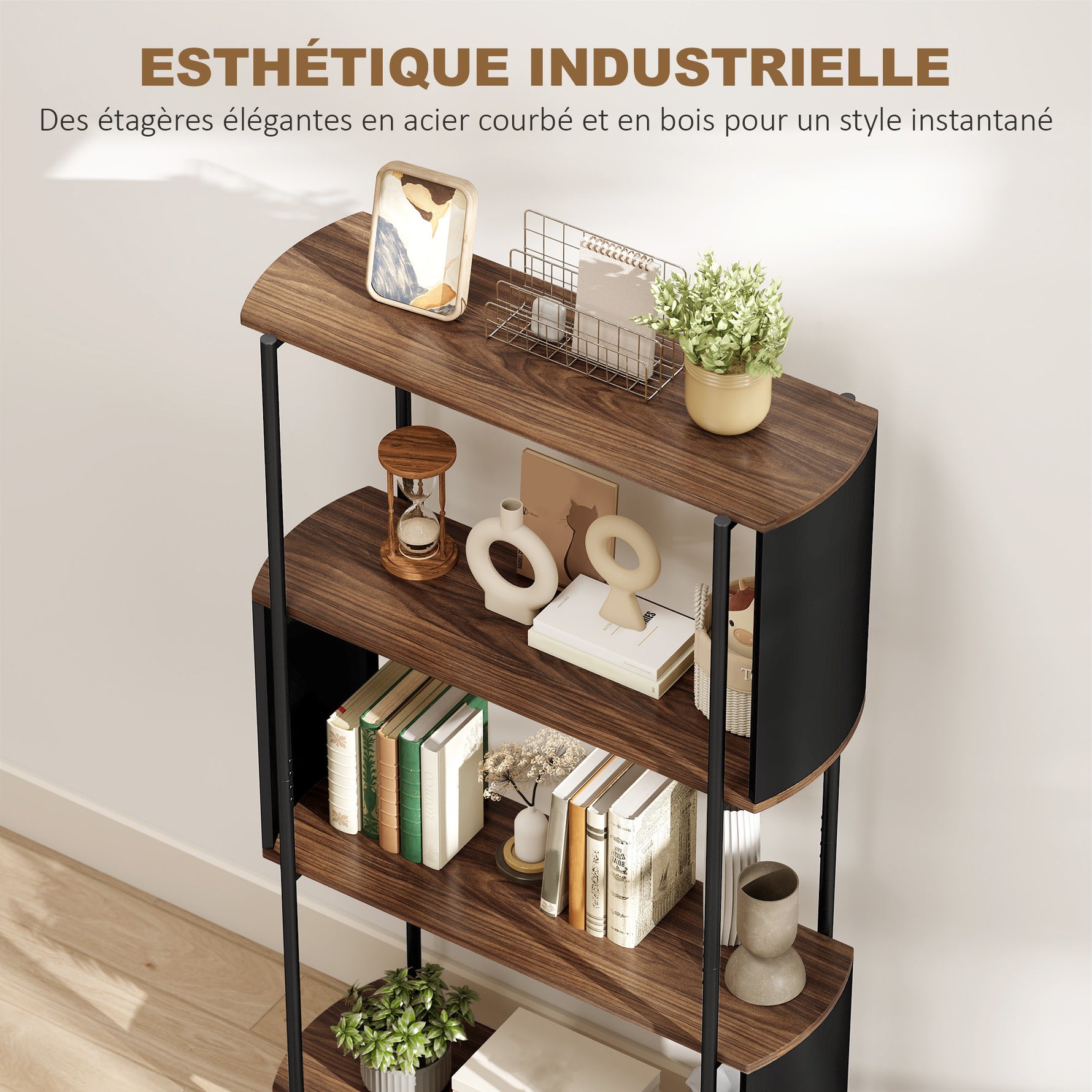 Étagère de rangement, bibliothèque à 4 niveaux avec panneaux latéraux incurvés, cadre en acier, 80x30x141cm, marron