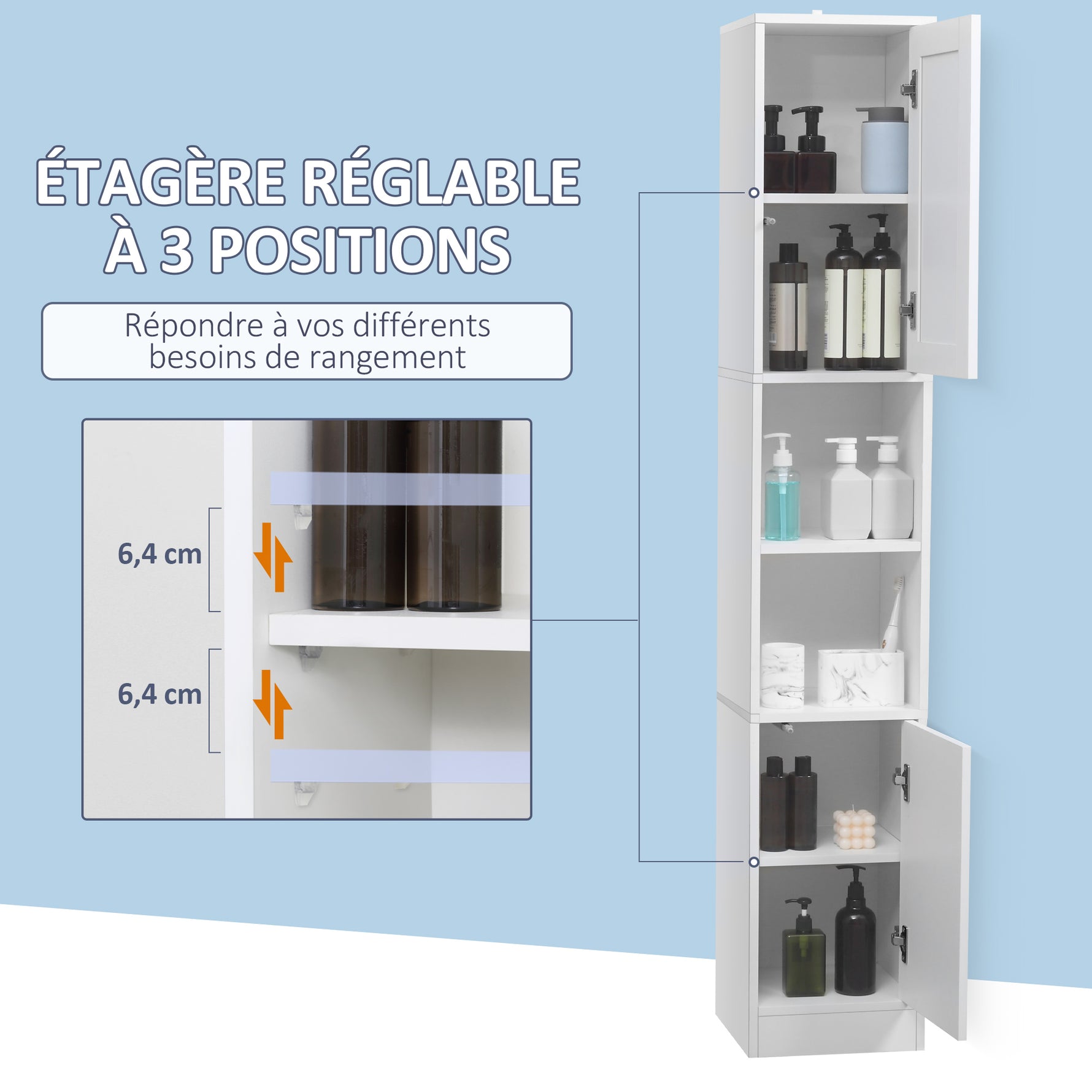 Armoire salle de bain haute, meuble de rangement colonne avec miroir, 2 portes, étagères réglables, 30x28x170cm, blanc