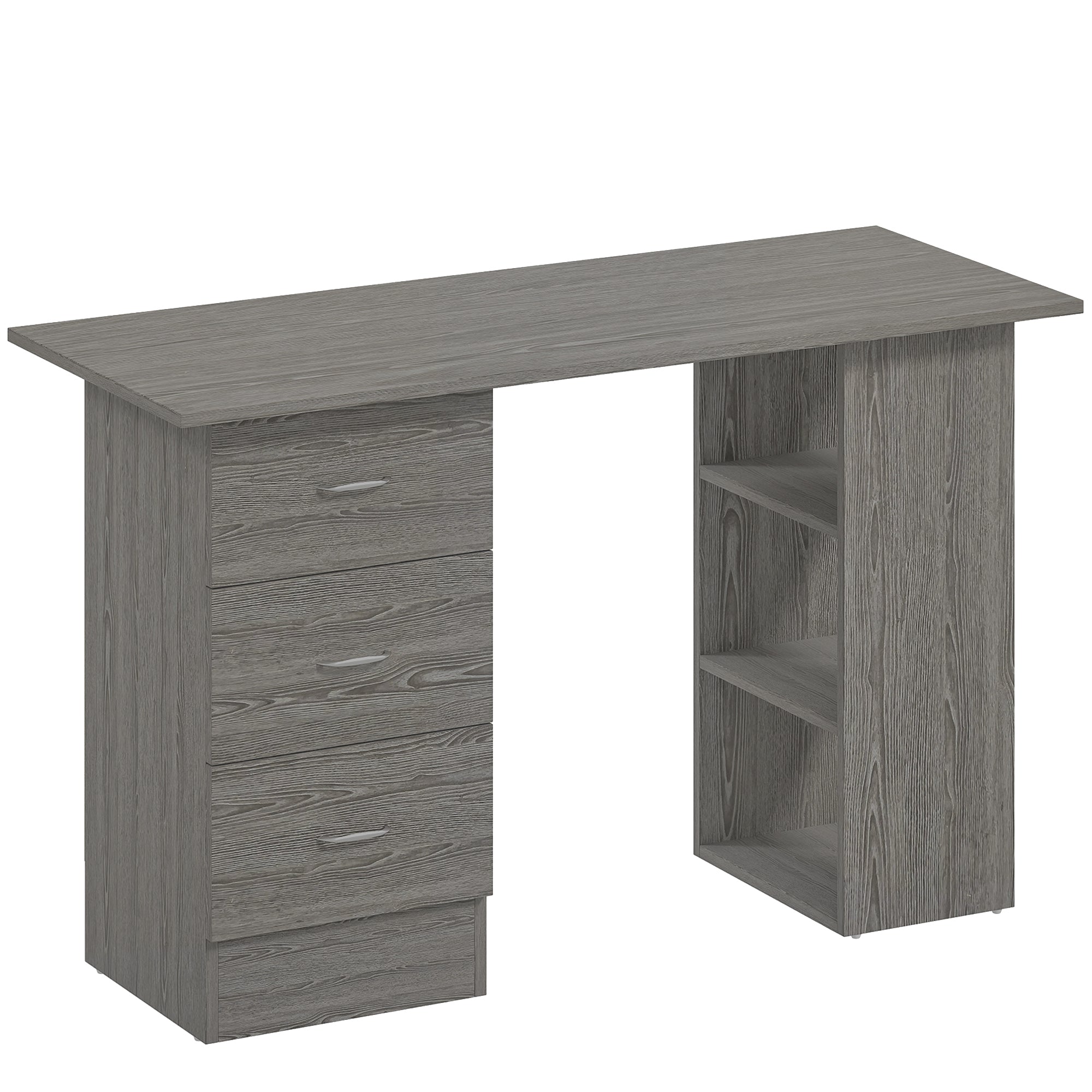 Bureau d'ordinateur réversible, table informatique avec 3 tiroirs et 3 étagères ouvertes, 120 x 49 x 72 cm, gris