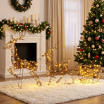 Set di 2 Renne di Natale con Slitta Luminosa 3 Pezzi, 240 LED Bianco Caldo, 8 Modalità e Timer, 78x22x105cm, Marrone
