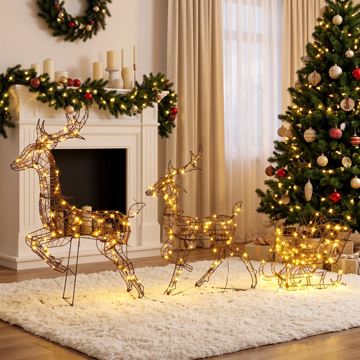 Set di 2 Renne di Natale con Slitta Luminosa 3 Pezzi, 240 LED Bianco Caldo, 8 Modalità e Timer, 78x22x105cm, Marrone