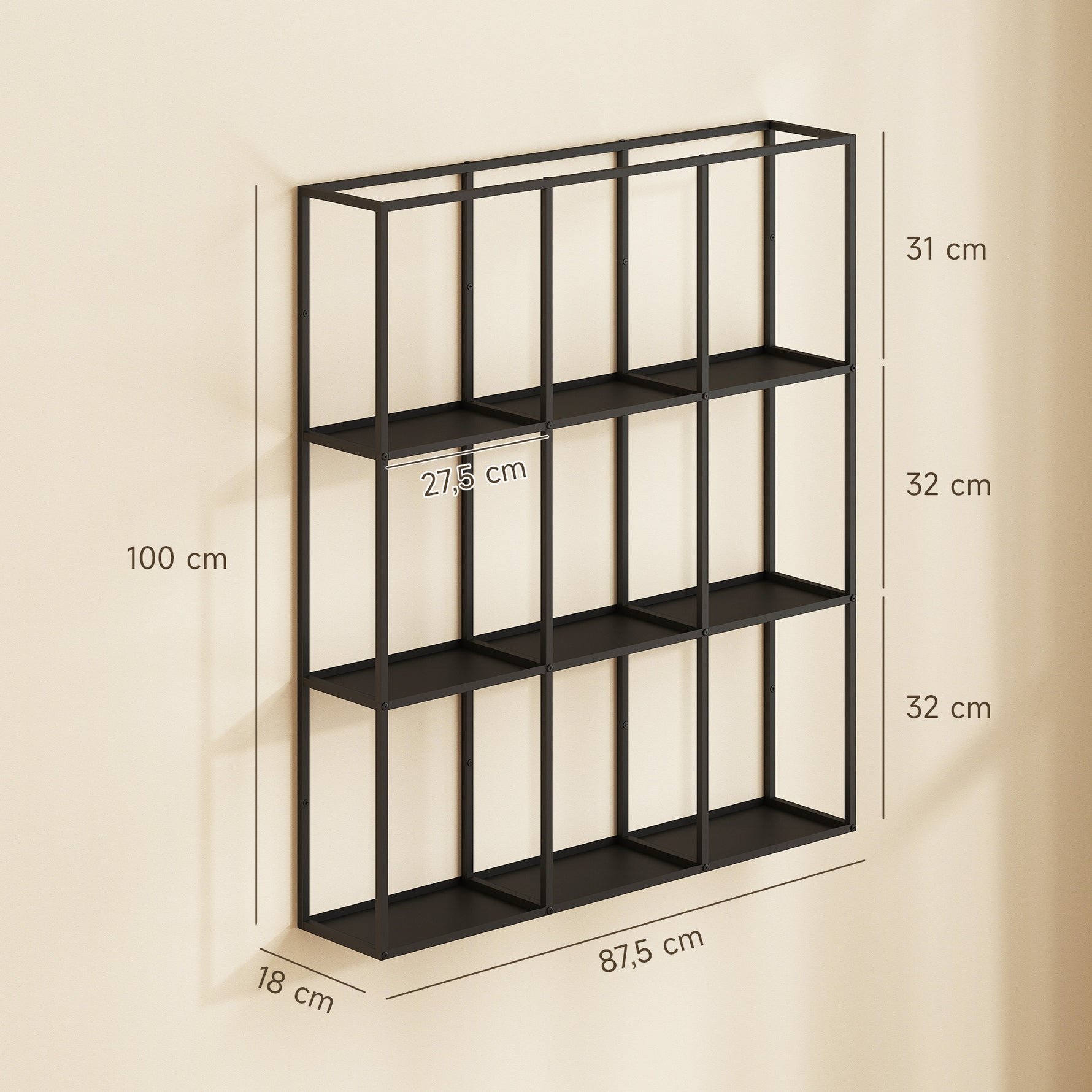 Étagère Murale Industrielle 9 Compartiments, Étagère Modulaire en Métal pour Objets de Collection, 87,5x18x100cm Noir