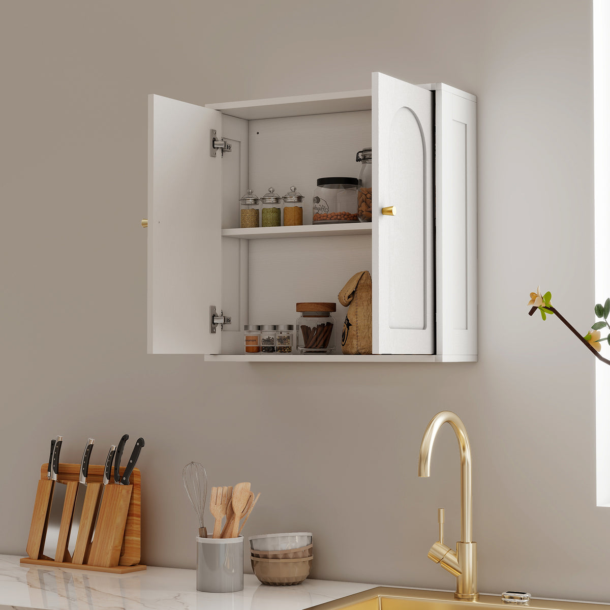 Armadio a muro, mobiletto pensile da bagno moderno con sportello a doppia anta e maniglie dorate, 60x20x60cm, bianco