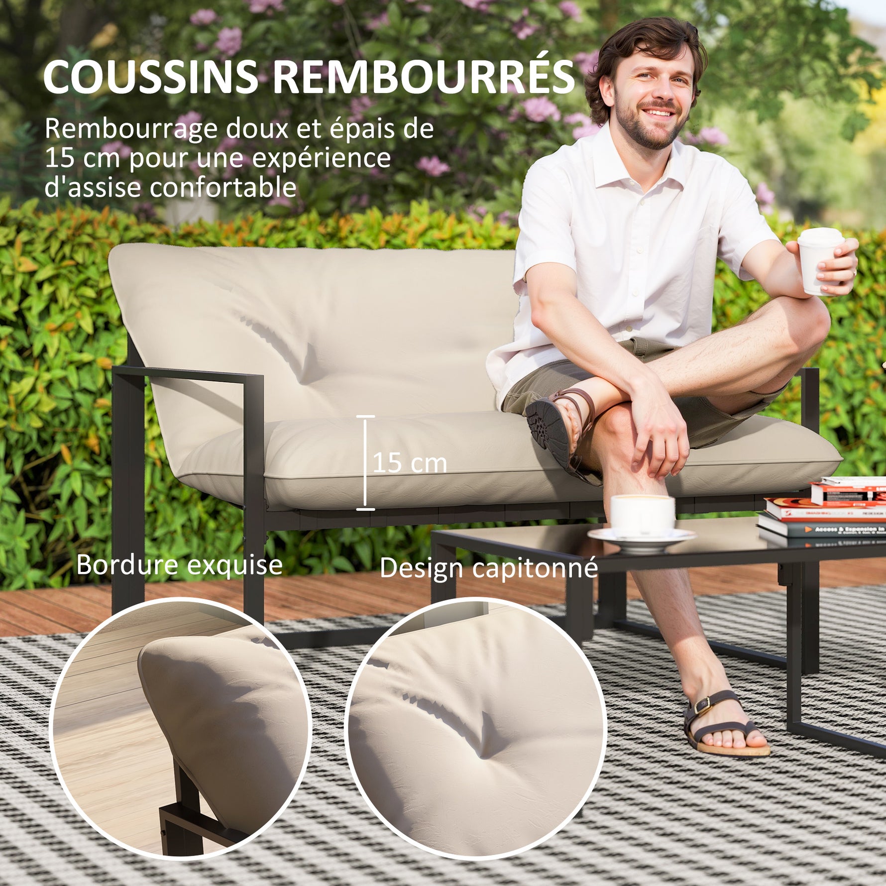 Salon de jardin 4 pièces 4 personnes avec canapé 2 places, 2 fauteuils et 1 table basse gris