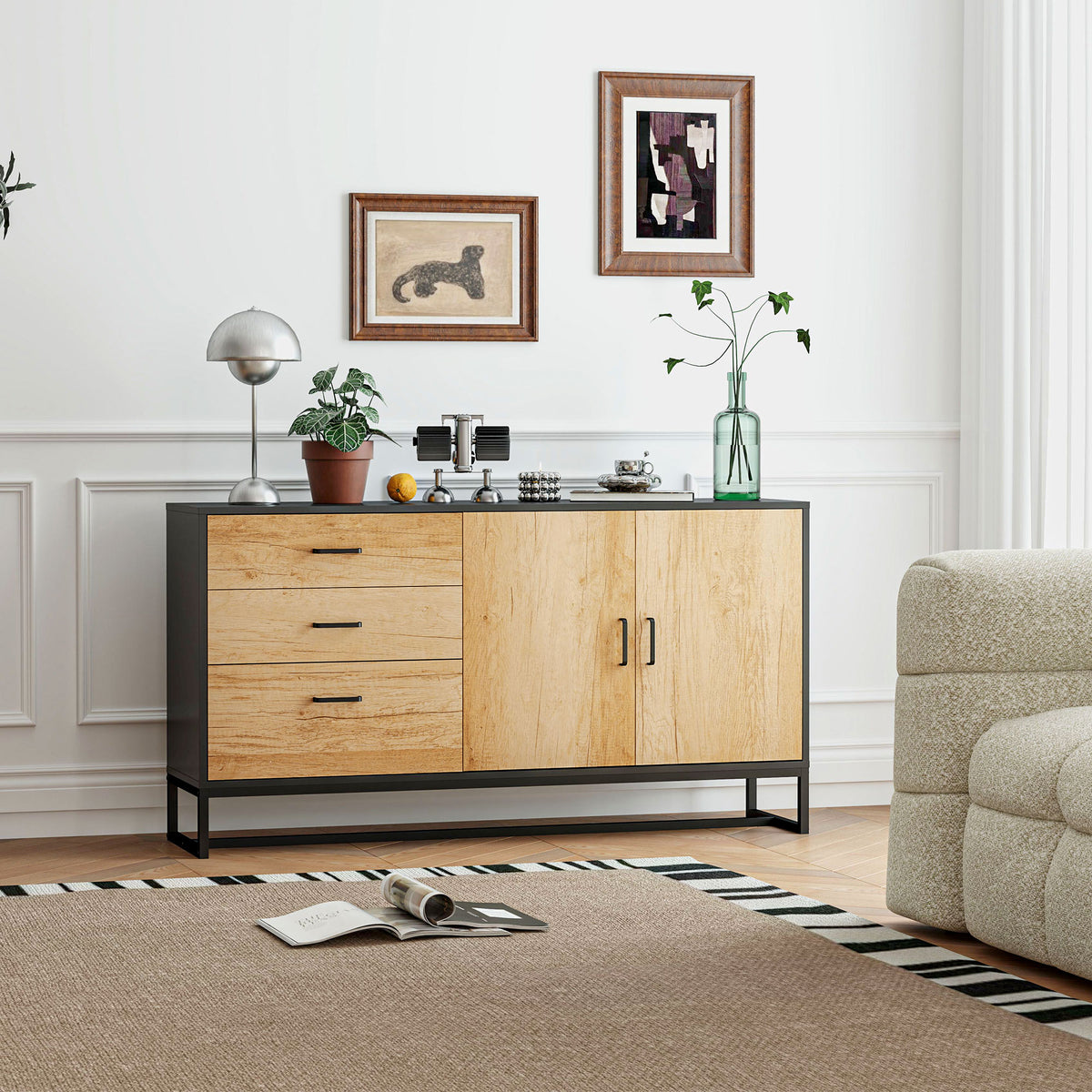 Buffet salon meuble de rangement avec 3 tiroirs et étagère réglable, pieds en acier, poignées en alliage d'aluminium