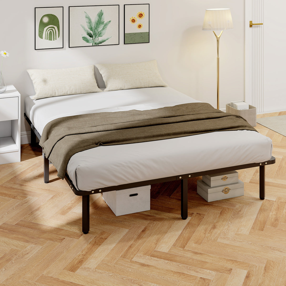Bettgestell 160 x 200 cm, Doppelbett mit Lattenrost aus Massivholz und Fußteil, mit Stauraum darunter, schwarz