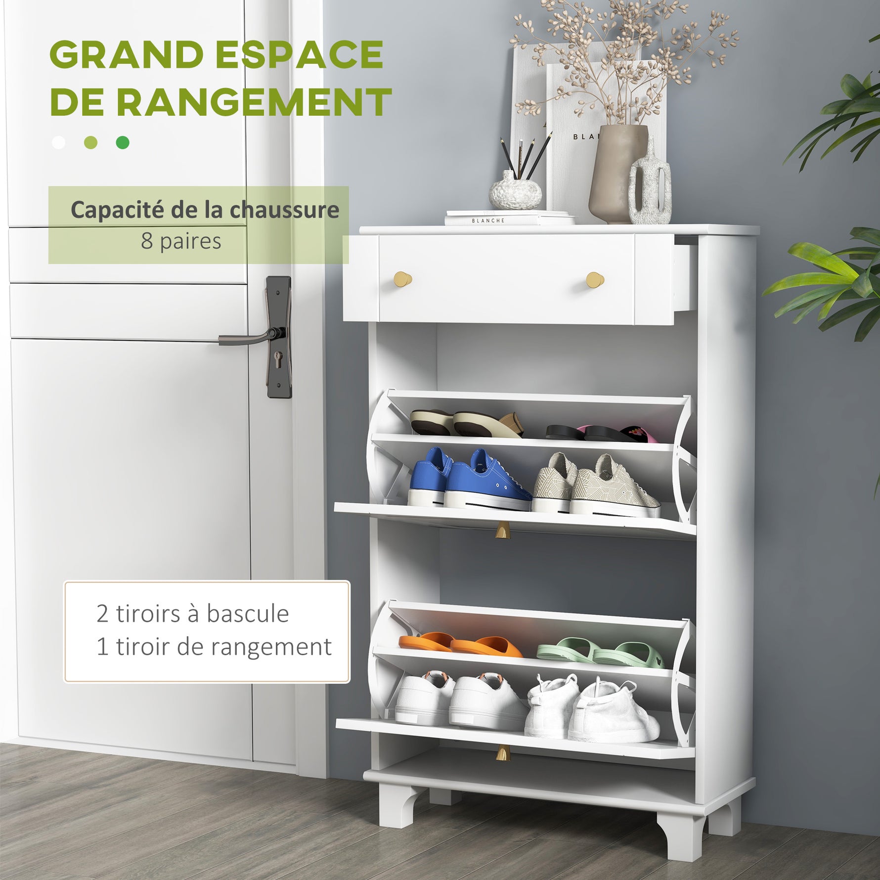 Meuble chaussure entrée étroit avec tiroirs à portes abattants et étagère réglable, 60 x 23,5 x 98,5 cm, blanc
