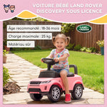 Porteur enfants voiture sous licence Land Rover, véhicule à pousser, klaxon, sons de moteur, rangement sous siège, rose
