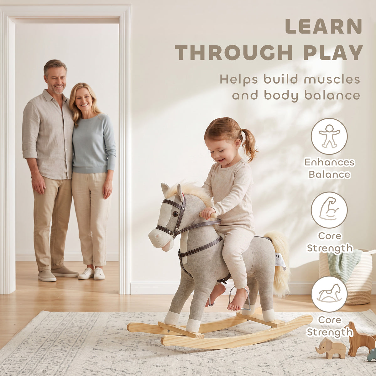 Cheval à bascule pour enfants, jouet à bascule bébé en tissu effet lin avec effets sonores et poignées de sécurité, gris