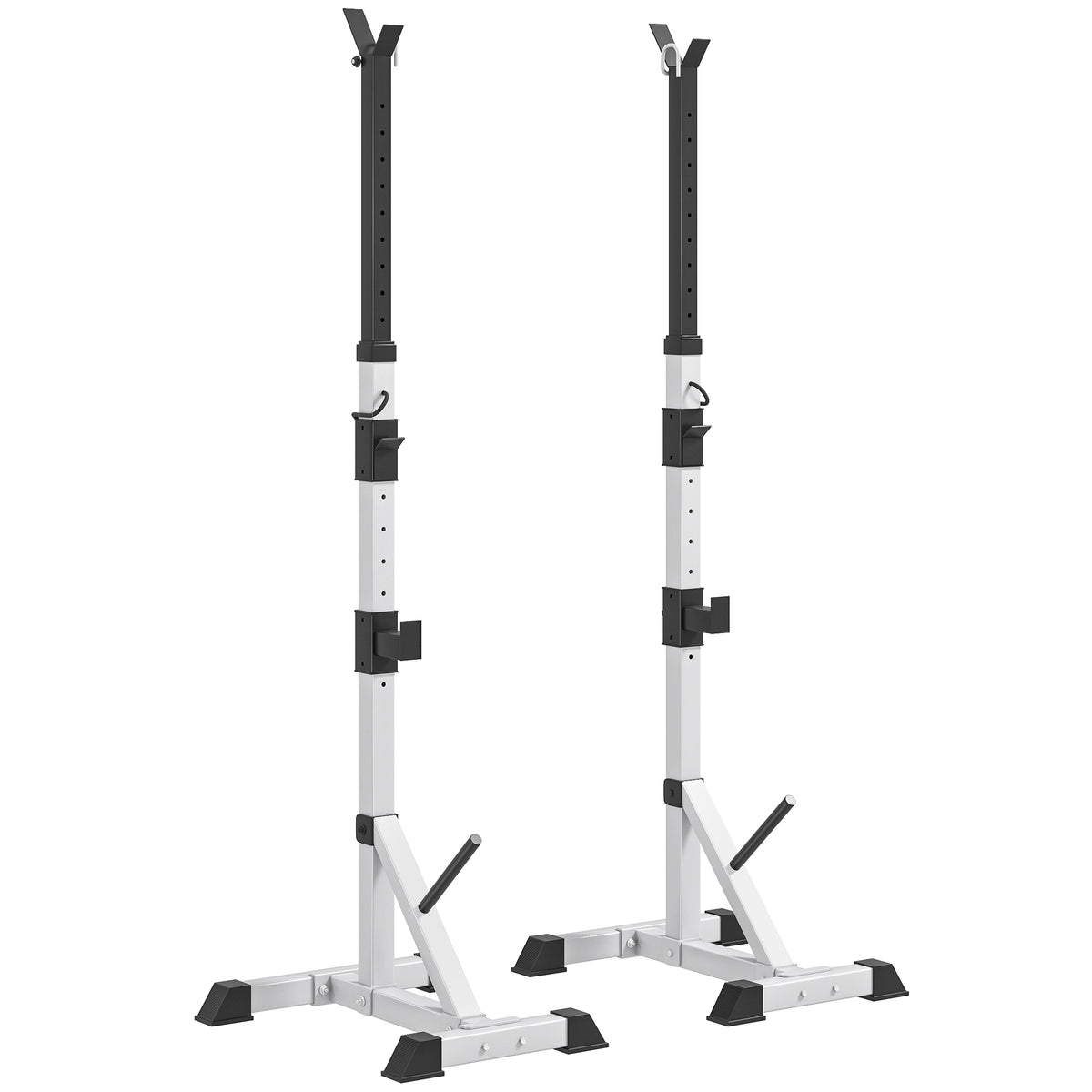 Verstelbaar Stalen Squat Rack, belastbaarheid 200 kg, houder voor 3 halterstangen met haken, 58,5x75,5x136-176 cm, zilver