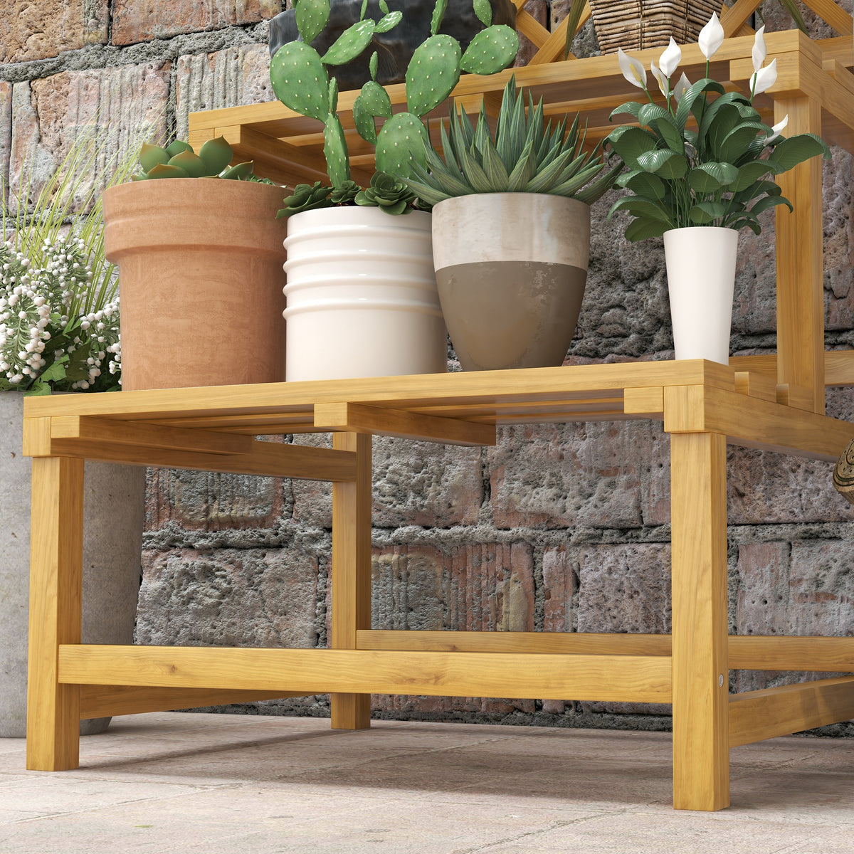 Support plantes intérieur porte plante intérieure à deux niveaux avec treillis 60 x 50 x 166 cm en bois massif jaune