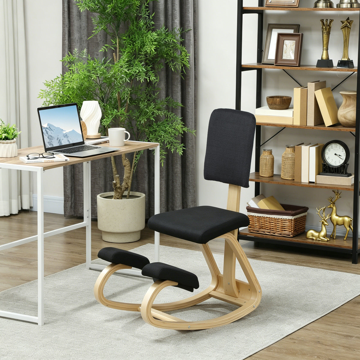Siège assis genoux, tabouret ergonomique en bois à bascule avec dossier, chaise à genoux pour bureau à domicile, noir