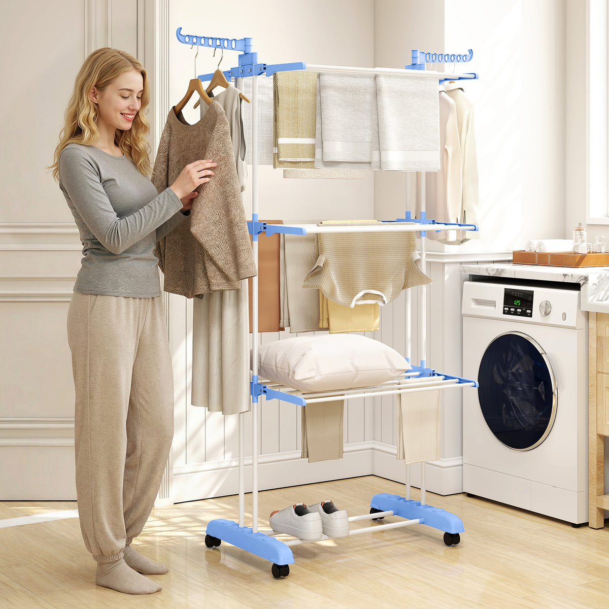 Séchoir étendoir à linge sur roulette pliable ailes latérales intérieure et extérieure 73 x 64 x 177 cm bleu argent
