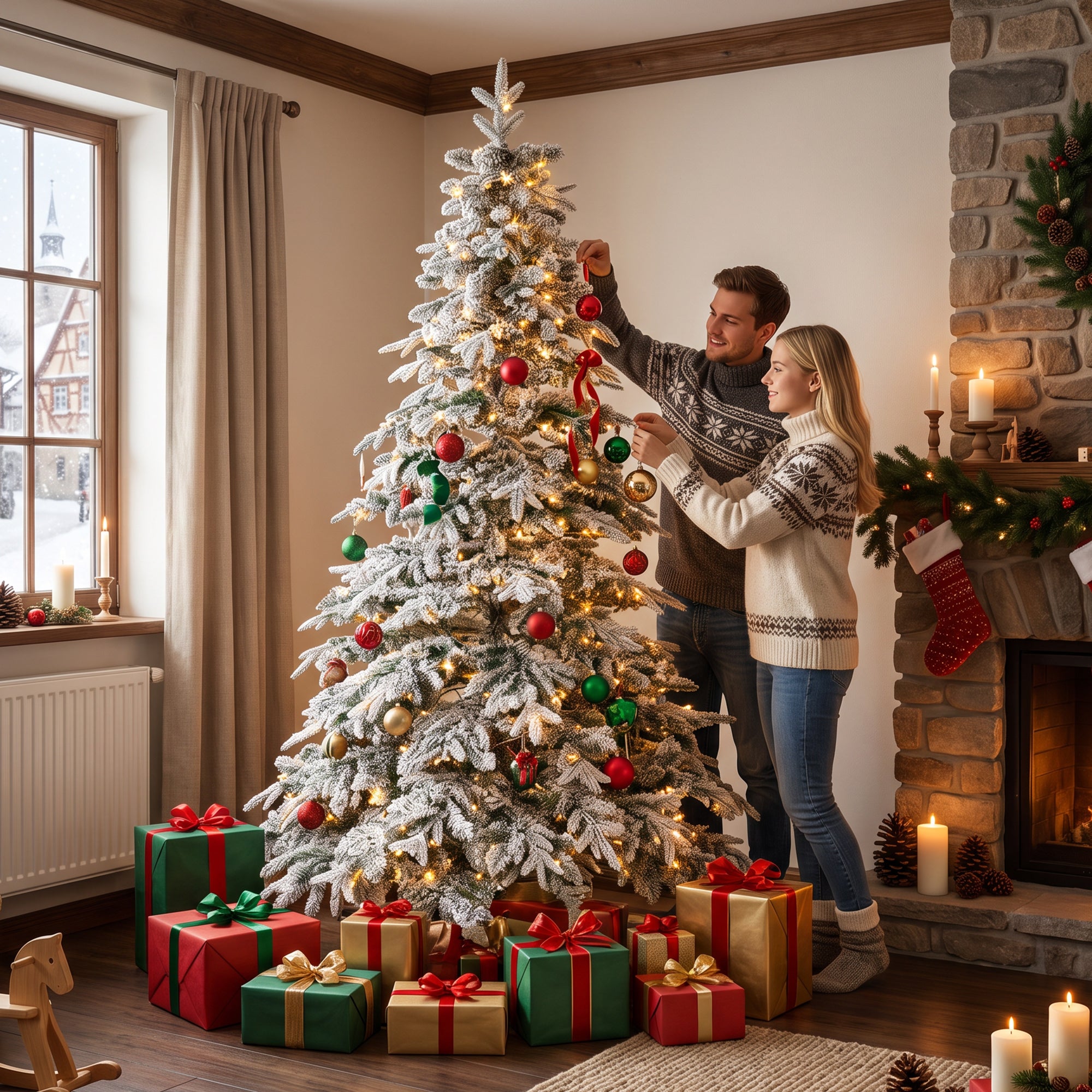 Künstlicher Weihnachtsbaum 180 cm, beleuchteter verschneiter Tannenbaum, Klappmechanismus, 350 LEDs, Grün und Weiß