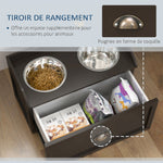 Gamelles Chiens Surélevées, Porte-Gamelles Surélevé Rangement 2 en 1, Tiroir, 2 Gamelles, 60x30x36cm, Marron Café