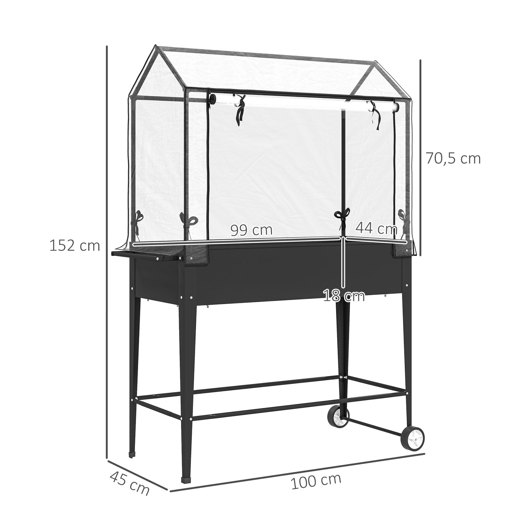 Carré potager sur pieds avec bâche en PVC jardinière surélevée avec roues trou de drainage 100 x 45 x 152 cm noir