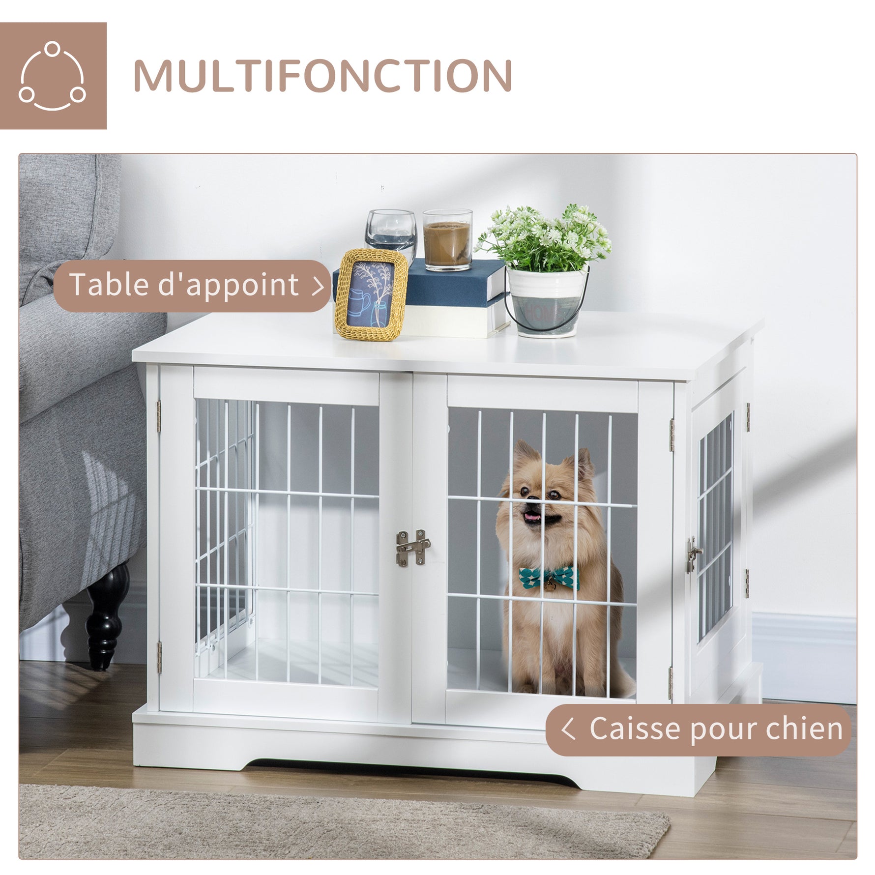 Cage pour chien animaux 2 en 1 table d'appoint meuble cage chien intérieur avec 2 portes verrouillables - dim. 76L x 54.5l x 56H cm - Métal et MDF
