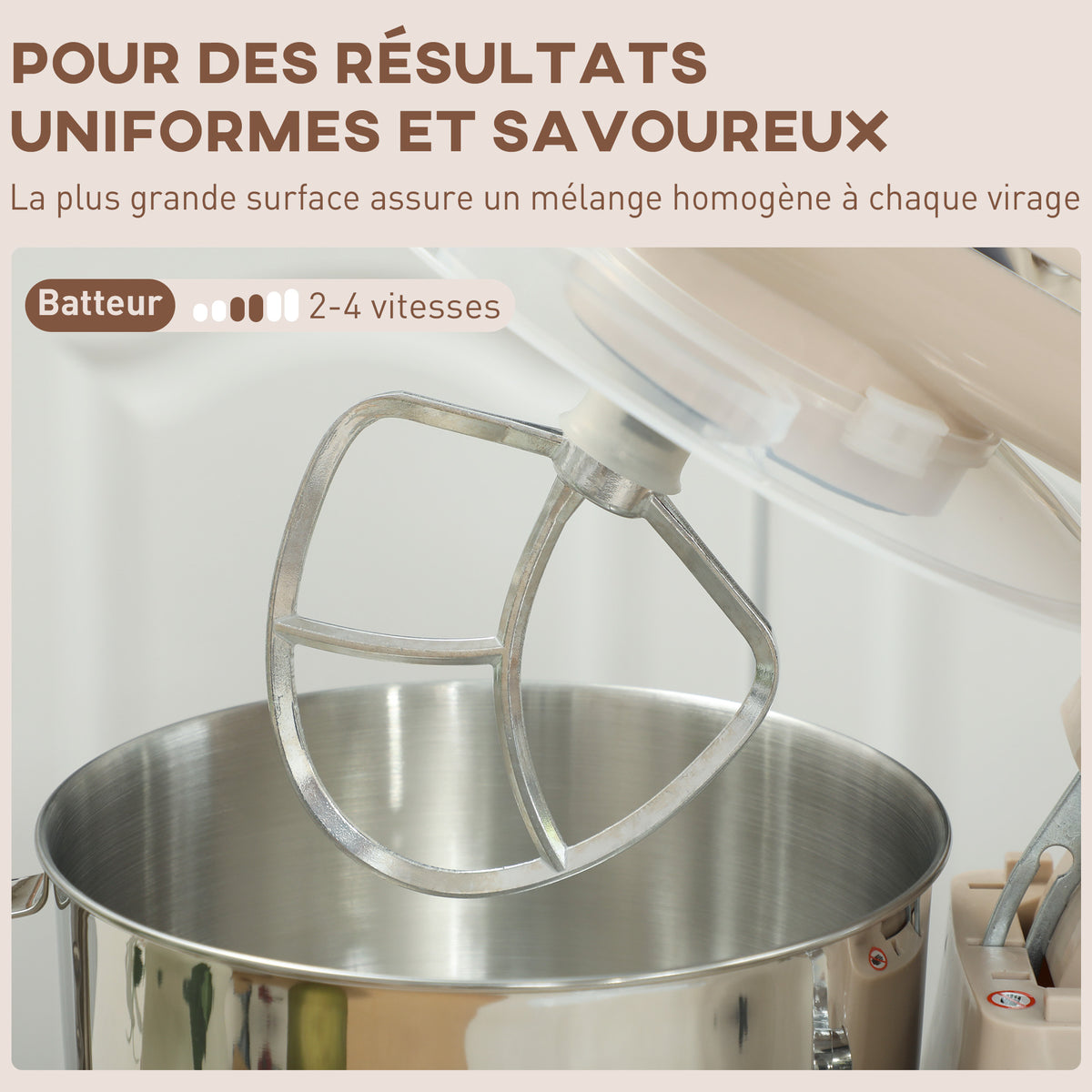 Robot pâtissier 1300 W, robot pétrin professionnel 4,5 L, bol d'acier inoxydable, 6+P vitesses et pulse, beige