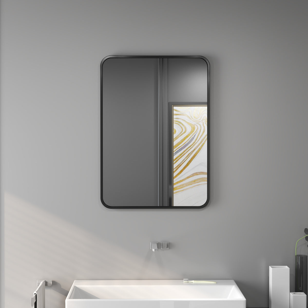 Badezimmerspiegel mit Metallrahmen und Haken, 50x2,5x70 cm, Schwarz