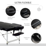 Table de massage pliable portable + housse de transport charge max. 225 Kg hauteur réglable 210 x 90 cm noir