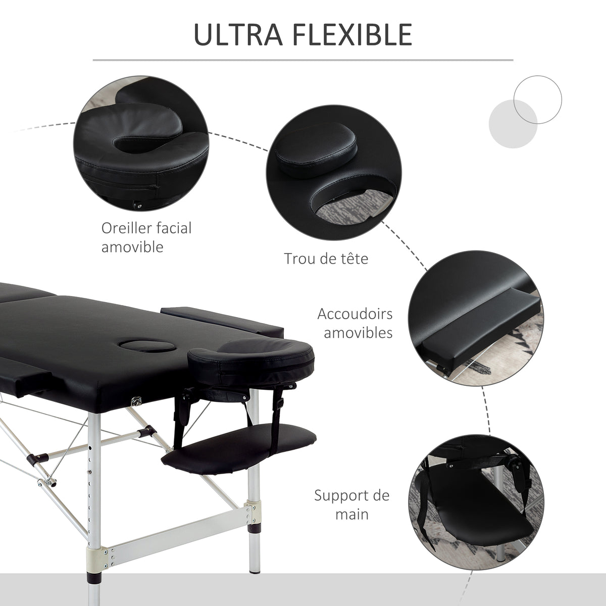 Table de massage pliable portable + housse de transport charge max. 225 Kg hauteur réglable 210 x 90 cm noir