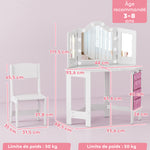 Coiffeuse enfant 2 en 1 avec tabouret miroir triptyque et lumières LED bicolores  93,6 x 48,5 x 111,5 cm blanc