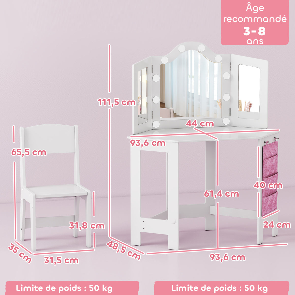 Coiffeuse enfant 2 en 1 avec tabouret miroir triptyque et lumières LED bicolores  93,6 x 48,5 x 111,5 cm blanc