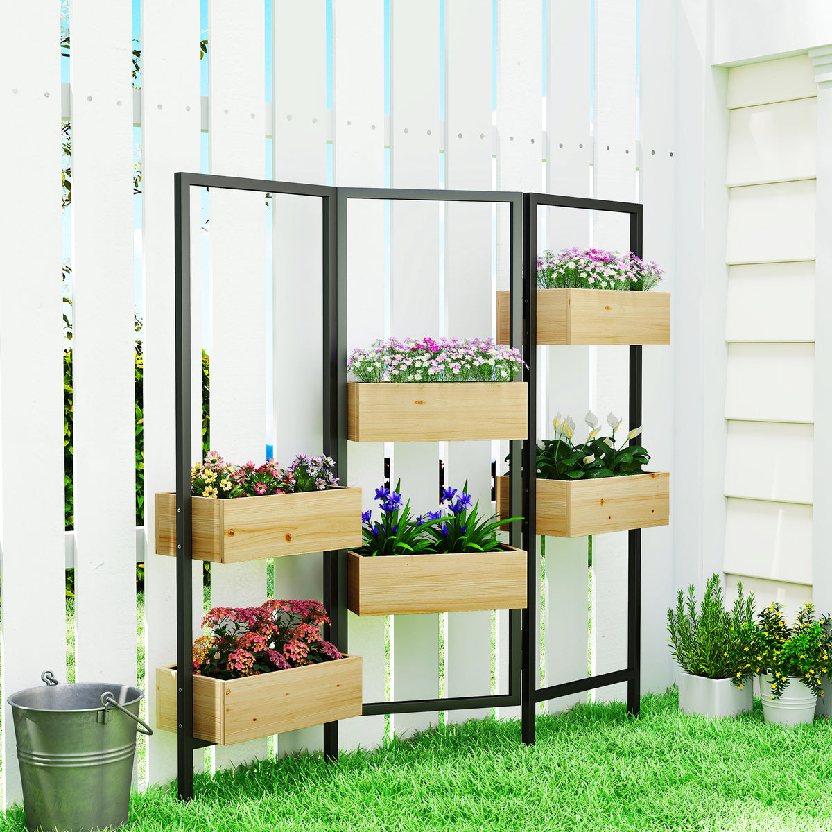 Séparateur de pièce avec 6 bacs, paravent extérieur pliable à 3 panneaux avec trou de drainage et doublure, bois naturel