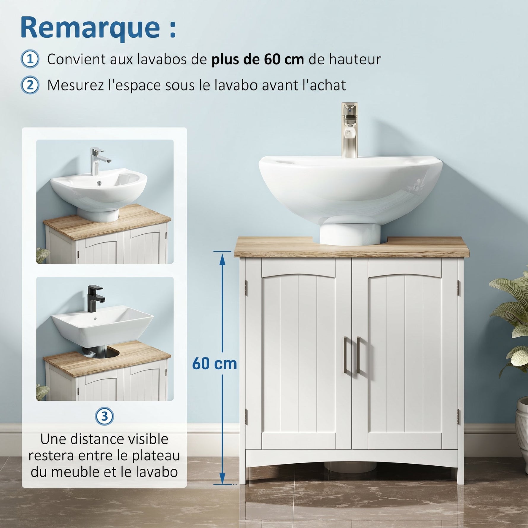 Meuble salle de bain sous lavabo à double portes avec étagères réglables, blanc et bois naturel