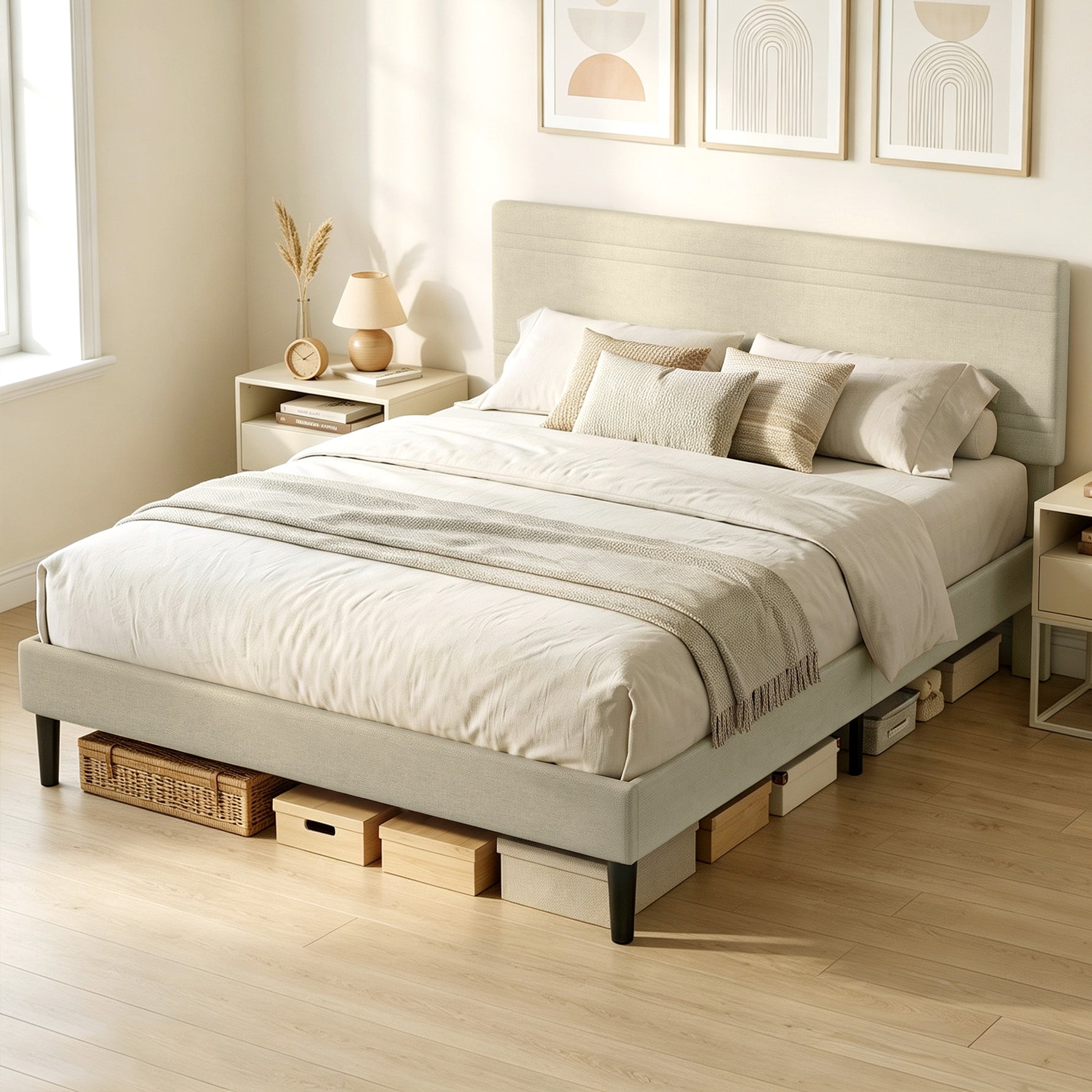 Cadre de Lit 160 x 200 cm avec Sommier en Bois, Rembourré en Effet Lin, Cadre en Acier, 9 Pieds Robustes, Beige