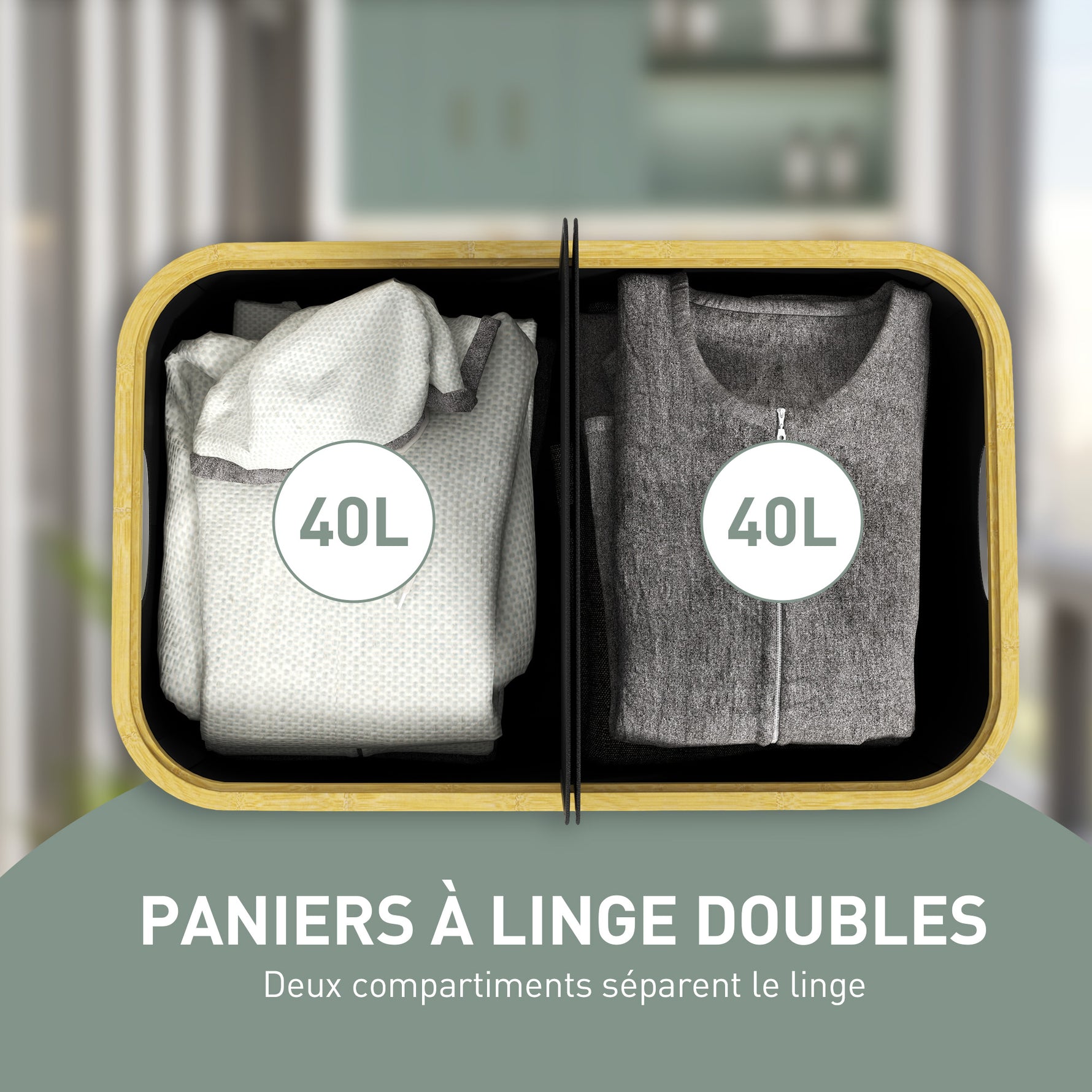 Panier à linge double pliable 80 L corbeille à linge sale avec couvercle, poignées rainurées, noir