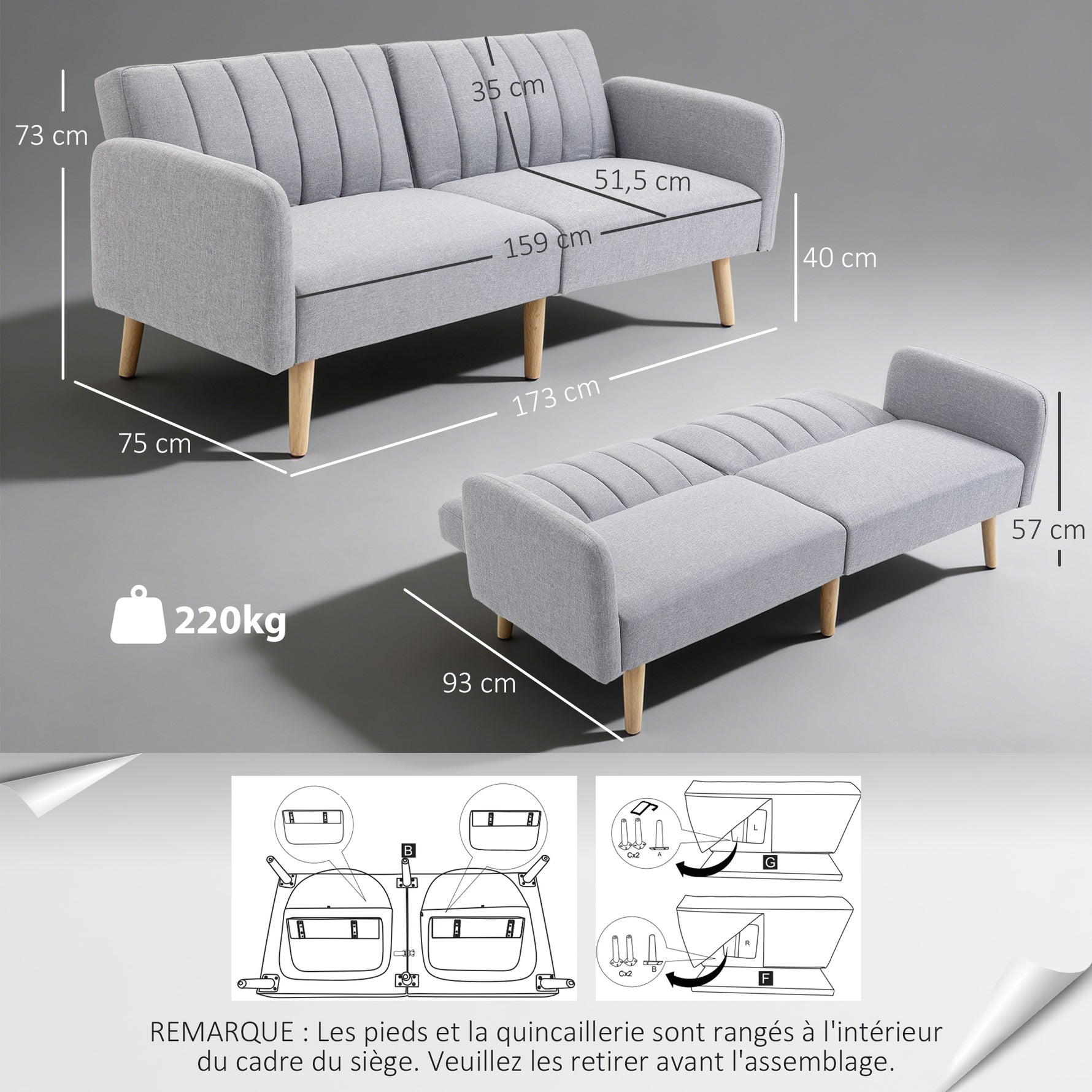Canapé Convertible 2 Places Design scandinave Dossier inclinable 3 Positions Pieds Bois Tissu Aspect Lin Gris