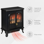Cheminée électrique poêle Style néo-rétro 2 Portes Verre trempé 1000/2000 W LED luminosité réglable Acier ABS Noir