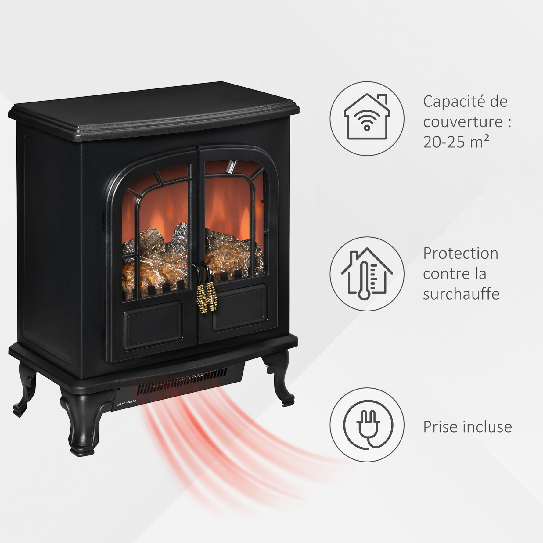Cheminée électrique poêle Style néo-rétro 2 Portes Verre trempé 1000/2000 W LED luminosité réglable Acier ABS Noir