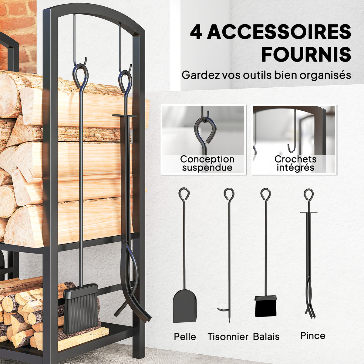 Porte bûches - Range bûches Serviteur de cheminée - Multi Accessoires 2 étagères 40L x 30l x 75H cm métal Noir