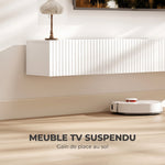 Meuble TV suspendu 180cm, meuble télé pour téléviseur 72 pouces, 2 portes rabattables, 180x25x22cm, blanc