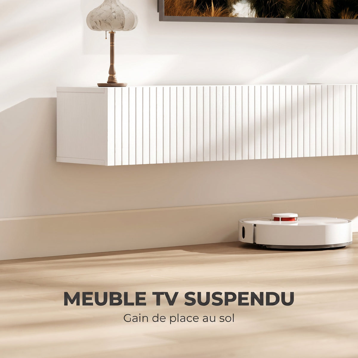 Meuble TV suspendu 180cm, meuble télé pour téléviseur 72 pouces, 2 portes rabattables, 180x25x22cm, blanc