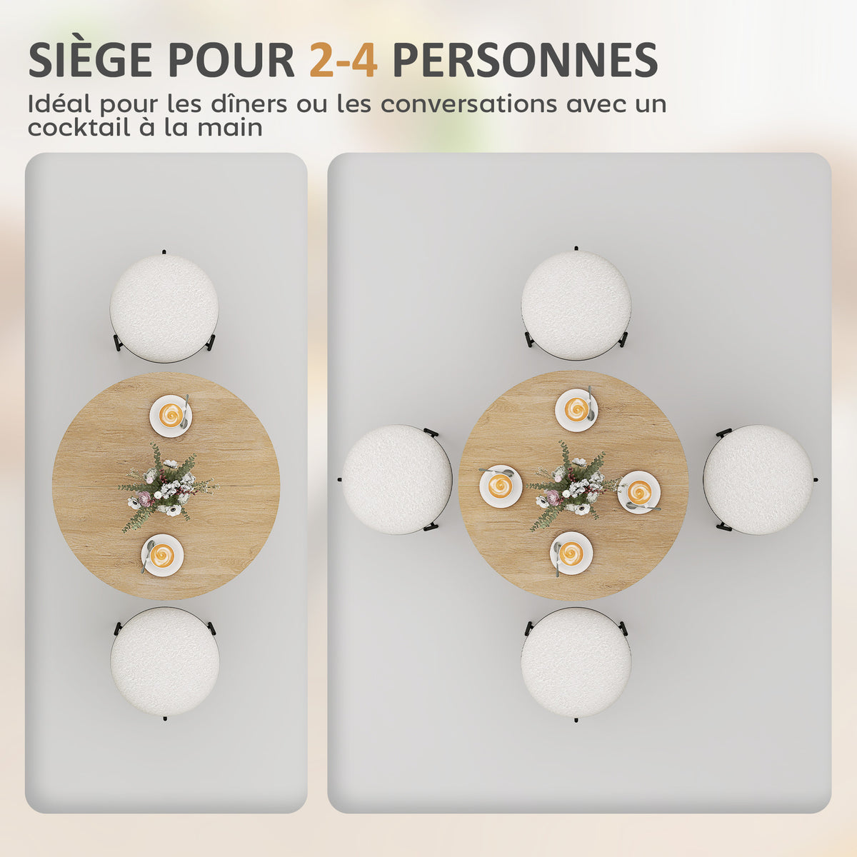 Mesa de comedor redonda para 2 personas con tablero efecto madera y base cruzada de acero, blanco roble