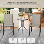 3 pièces salon de jardin extérieur ensemble de meubles 2 fauteuils empilables table basse dessus verre trempé gris clair