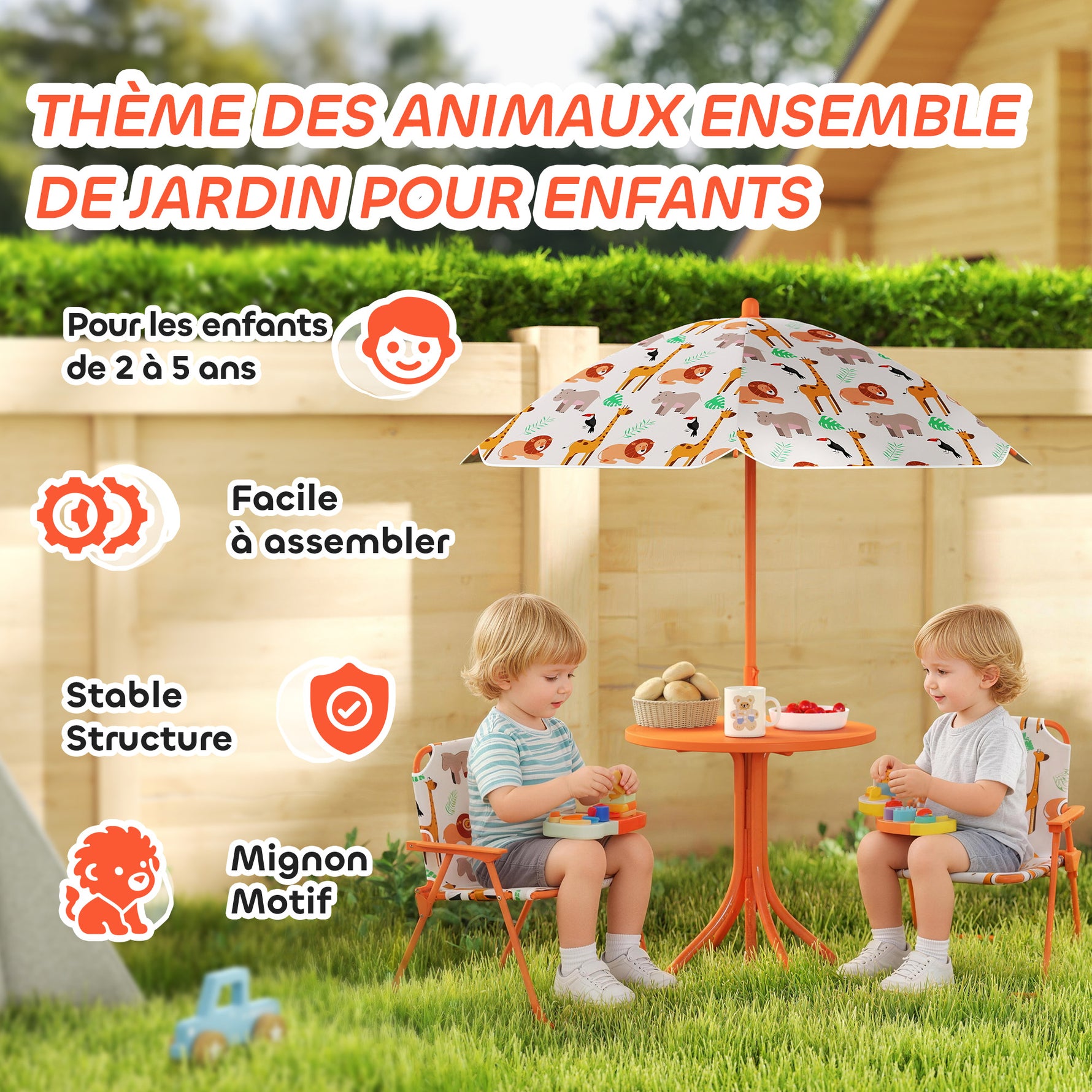 Salon de jardin enfant, table enfant avec 2 chaises pliantes et parasol Ø 100 cm, motif animal, orange