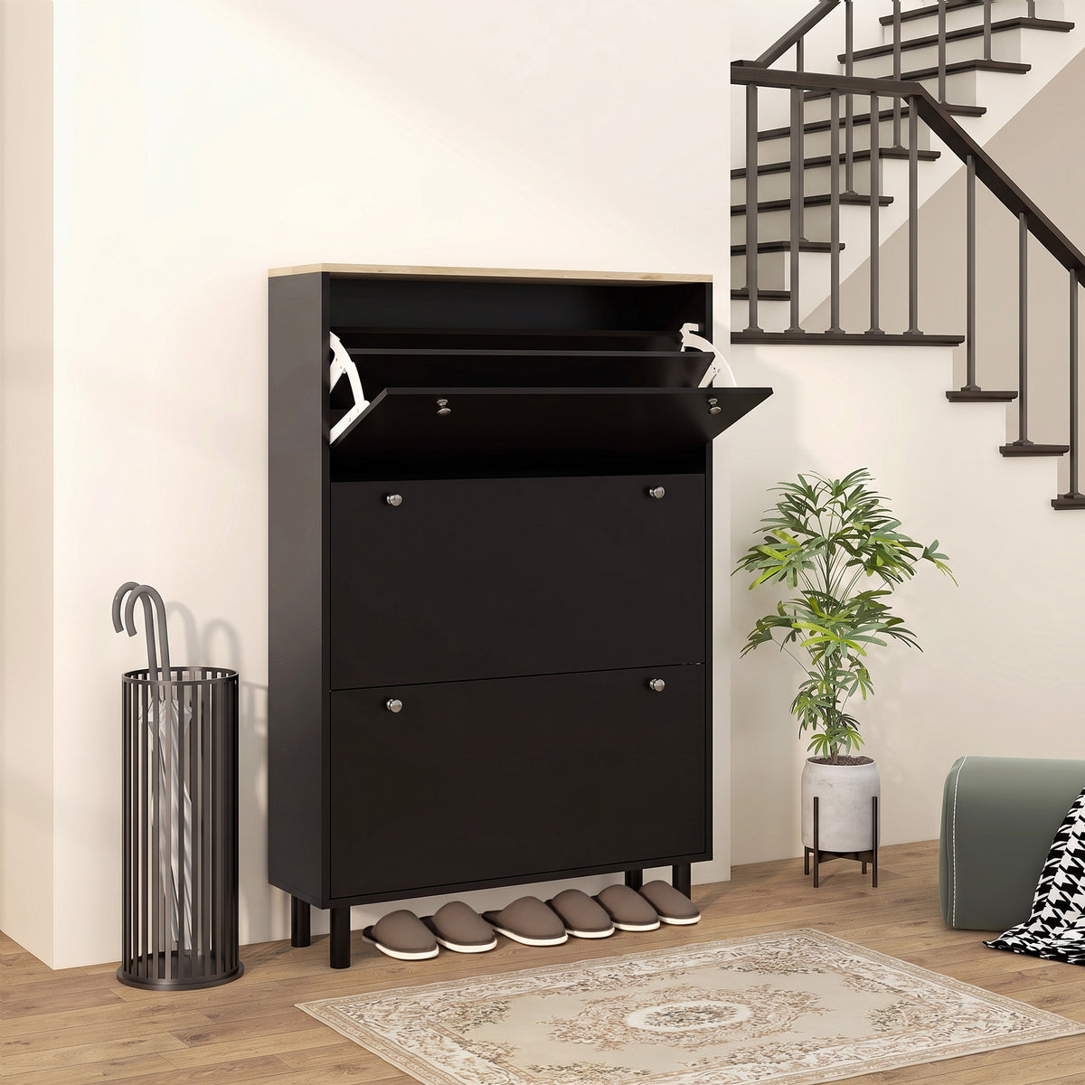 Meuble à Chaussures 24 Paires, Armoire à Chaussures Étroite avec 3 Tiroirs Rabattables, Étagères Réglables, Noir