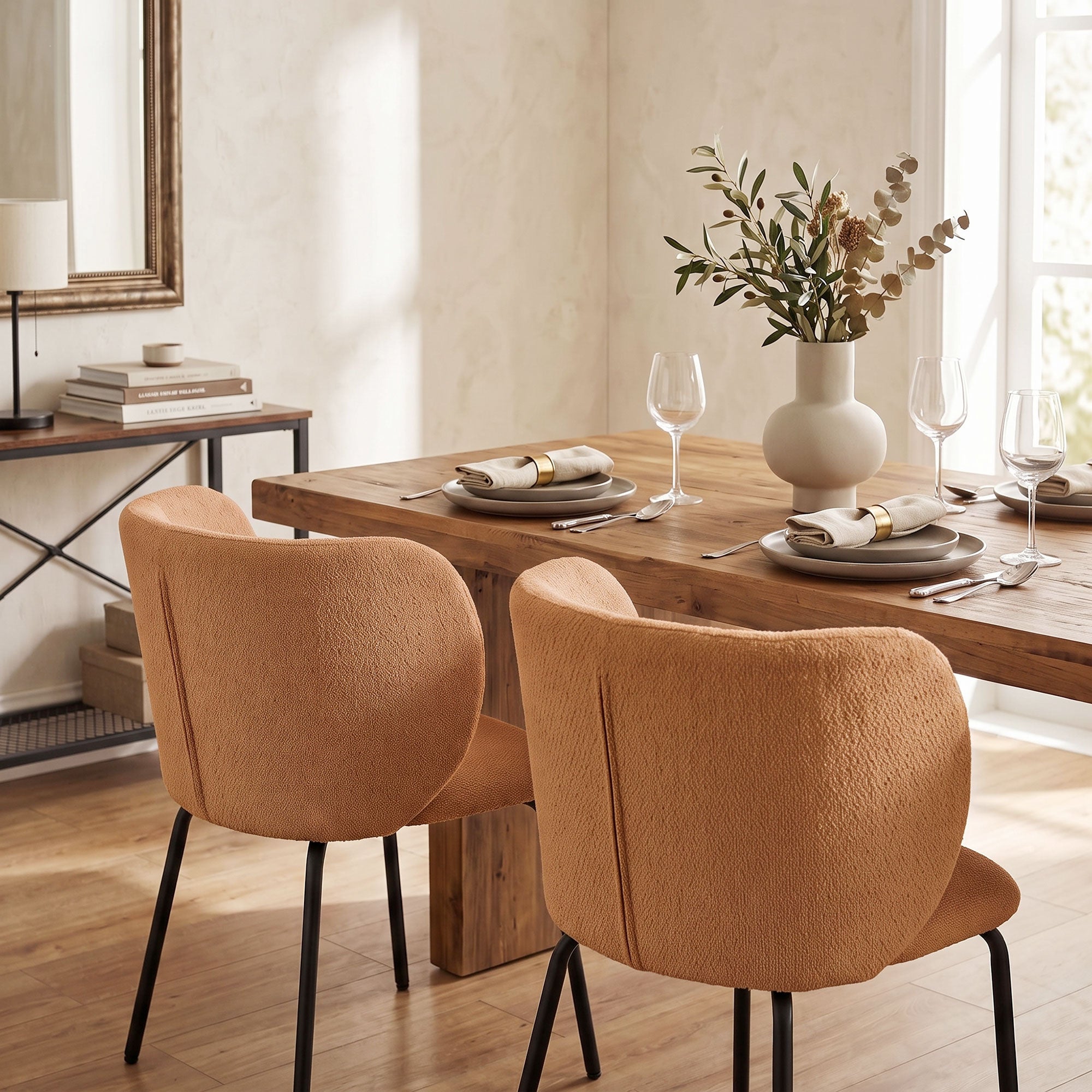Juego de 2 sillas de comedor tapizadas en chenilla, respaldo curvado, patas de metal, estilo moderno, 57x58x77cm, naranja