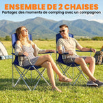 Lot de 2 Chaises de Camping Pliantes avec Porte-Gobelet, Sac de Transport, Dossier Haut, 88x57x97cm, Bleu Foncé