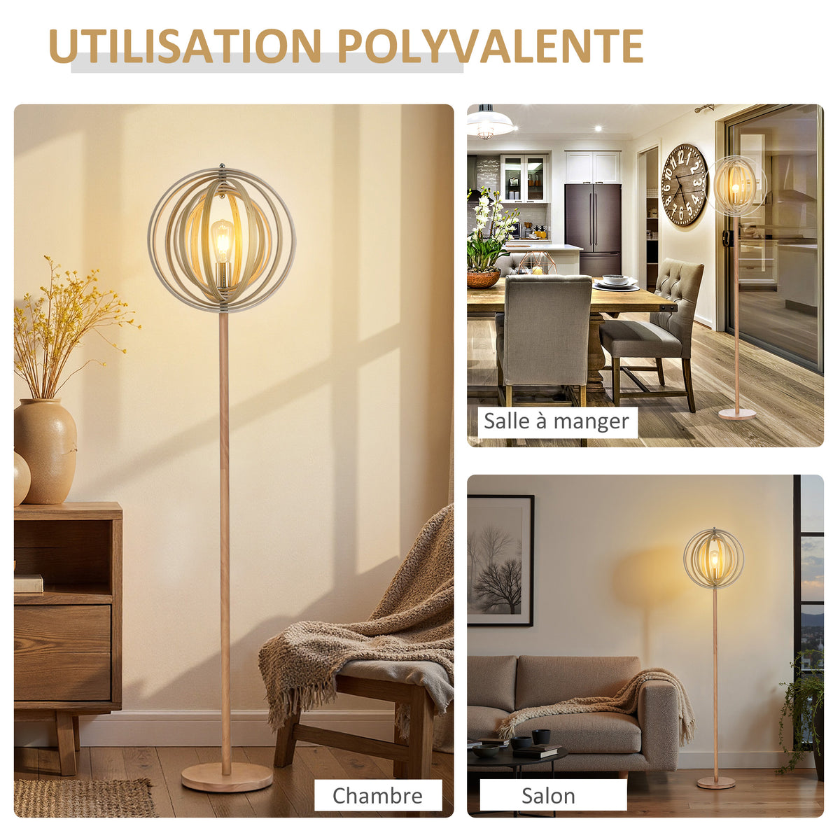 Lampadaire sur Pied Circulaire 40 W Max. Abat-Jour bois naturel clair dim. Ø 38 x 160 cm