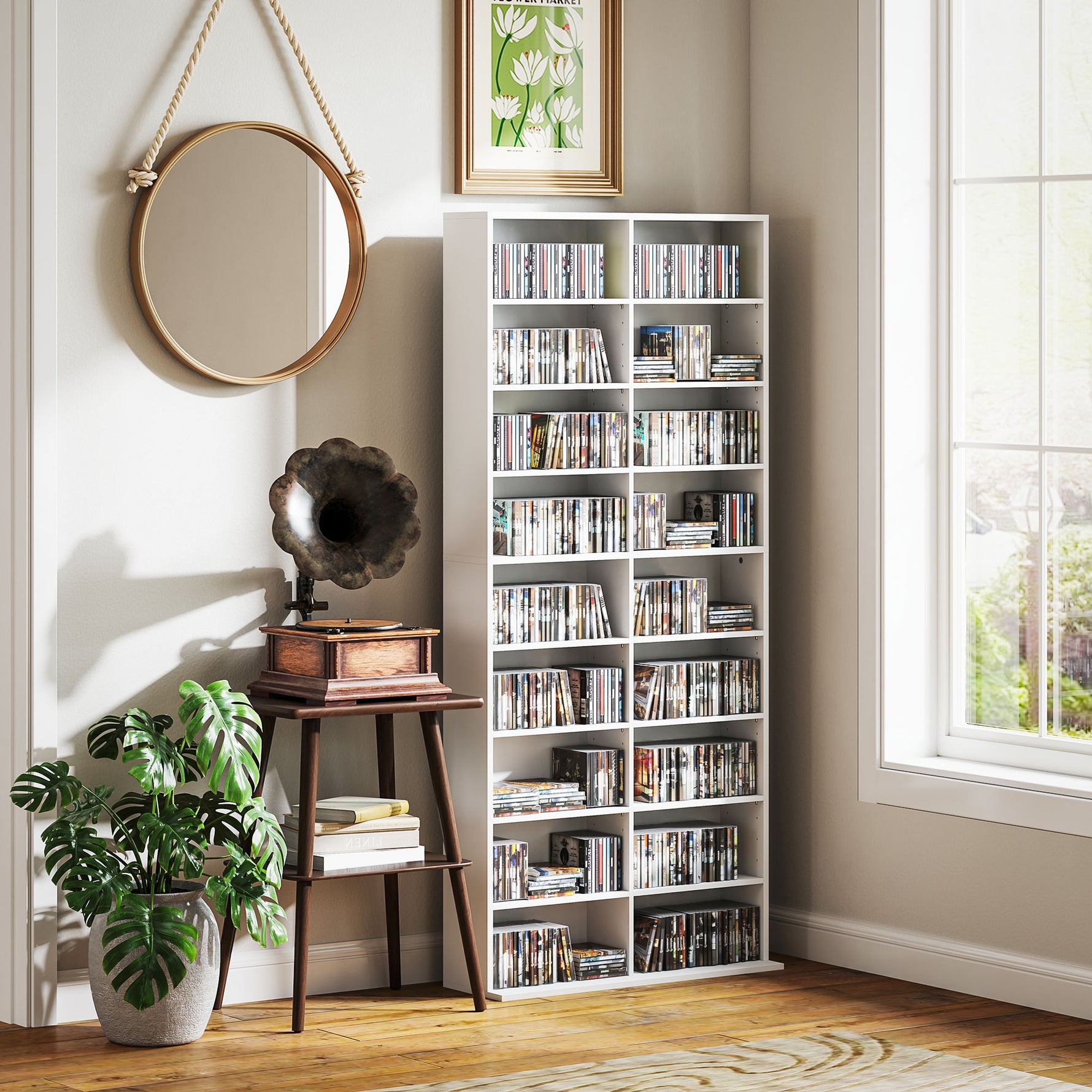 Rangements pour CD et DVD 18 compartiments capacité max. 640 CD/360 DVD 430 Blu-ray 78,5 x 24 x 175 cm blanc
