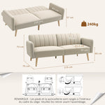 Canapé Convertible 2 Places Design scandinave Dossier inclinable 3 Positions Pieds Bois Tissu Aspect Lin Beige